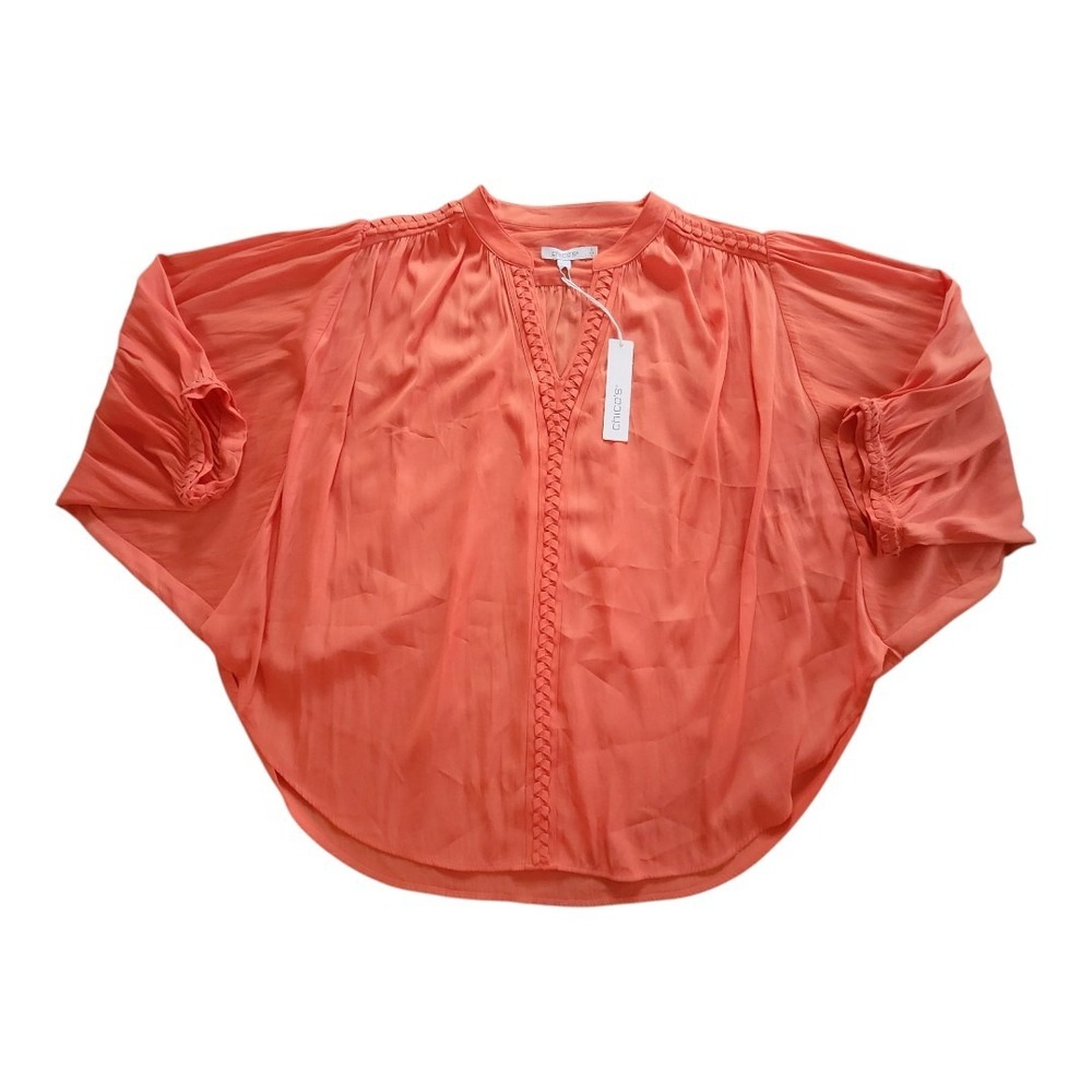 NWT Chicos Orange Bat Wing Top V Neck Sz 4 Braided Trim Top Shirt Business Wear